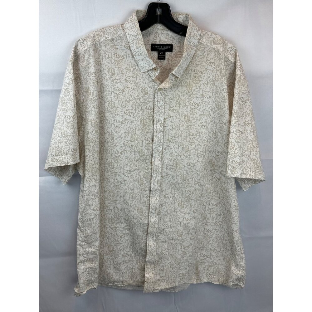 Pronto Uomo Mens XXL Beige Leaf Print Short-Sleeve Button-Up Shirt 100% Cotton